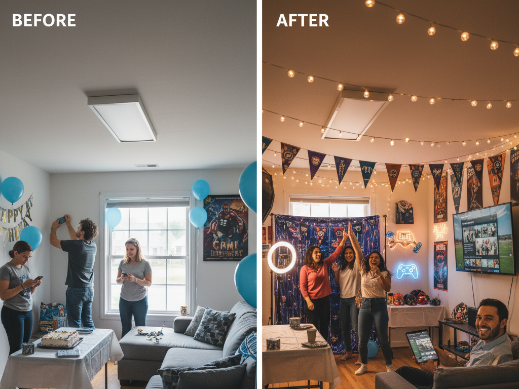 Before and after comparison showing party transformation